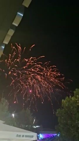 This is a vertical video of a fireworks display at night. Several red and white fireworks are exploding in the dark sky. In the foreground, a portion of a white structure, possibly a tent or awning, is visible, with some text that is illegible. The top left of the frame shows the edge of a building or roof with metallic detailing. Green foliage from trees is visible along the right edge of the frame. In the lower middle ground, some colorful lights, possibly from a stage or event, are visible amongst the trees. The fireworks are the primary focus, with multiple bursts creating a festive atmosphere. The video appears to be handheld and shaky at times.