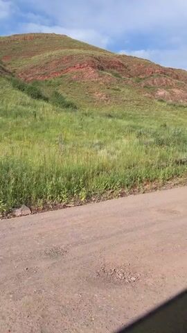 A dark grey Chery SUV with a roof box is parked on a dirt road in a rural, mountainous landscape. The car has a license plate that reads "C893TB 125". The vehicle is positioned on the right side of the frame, with its front facing towards the viewer. The background features a steep, grassy hillside with exposed red rock formations. The sky is partly cloudy and appears to be a bright, sunny day, suggesting it is daytime. The overall scene conveys a sense of adventure or travel through a natural, rugged environment. The grass is green and appears to be wild, with scattered yellow wildflowers visible. There is no indication of people being present in the vehicle or its immediate vicinity. The dirt road is dusty, suggesting it might be a less-traveled path. The overall mood is one of natural beauty and exploration.