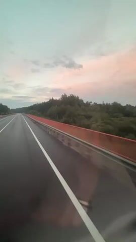 A POV shot from a vehicle traveling on a wet highway. The road has a white line marking the lane. To the right of the road is a guardrail with an orange barrier on top, followed by a grassy shoulder and a dense forest. The sky is overcast with hints of pink and grey clouds, suggesting either sunrise or sunset. The overall impression is one of a scenic drive through a wooded area during twilight.