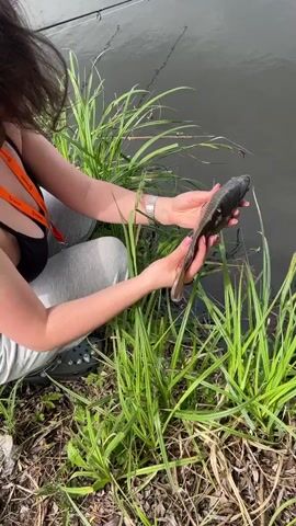 A woman in a grey top and sweatpants kneels by a body of water, holding a small fish. She releases the fish into the water, gently touching the water's surface after the fish swims away. The water is calm and reflects the overcast sky. Tall green grass grows along the edge of the water. A fishing rod is visible in the background.
