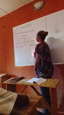 In a classroom or training room in Oke Ogun, Nigeria, a woman stands facing a whiteboard, appearing to teach or give a presentation. The room has orange-brown walls and simple wooden desks. An open book rests on the desk in front of her, and she looks down at it. A person is partially visible in the left foreground, seated at another wooden desk.

The whiteboard displays a lesson titled "SOUND HEALTH," with the definition "IS THE ABSENCE OF ILLNESS IN THE BODY." Below this, a diagram branches into three components for sound health: "Exercise 10%," "Rest <10%," and "Diet 80%." Under "Exercise," it lists "Spiritual, Physical, Planned." Under "Rest," the word "Relaxed" is written. Under "Diet," it states "Nutritious Food." A round light fixture is mounted on the wall above the whiteboard. The woman is wearing a dark floral top and jeans, with her hair tied up. The scene depicts an educational setting.