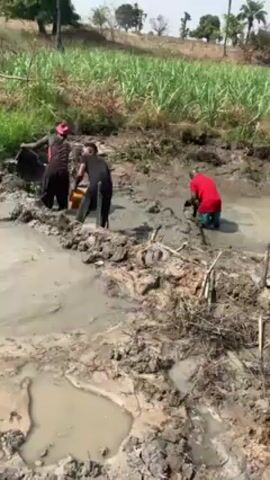 Three individuals are working in a muddy, watery area. The person on the left is wearing dark clothing and a pink head covering. Another individual, dressed in black, is pouring the contents of a yellow container into the mud. To the right, an individual in a red shirt is using a tool, possibly a shovel, to manipulate the mud. The setting appears to be a rural area with green vegetation in the background.