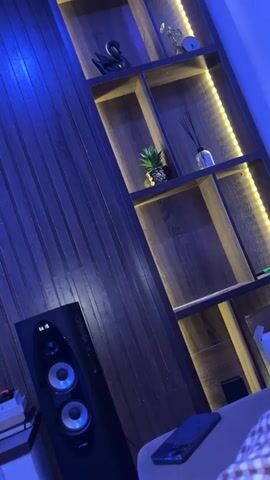 The video shows a living room with a modern design. The room is dimly lit with blue light. The wall is covered with dark wooden planks. To the right of the wall, there is a tall, wooden bookshelf with various decorative items on its shelves, including a swan figurine, a miniature plant, and a glass jar with reeds. A yellow light strip illuminates the bookshelf. A black speaker with silver speakers is positioned next to the wall. A coffee table is in front of the wall with a phone and other objects on it. A statue of a superhero is placed on the table next to the speaker. A flat screen television is mounted on the wall to the left. Music is playing in the background.