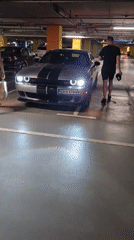 Silver Dodge Challenger with racing stripes spotted in garage