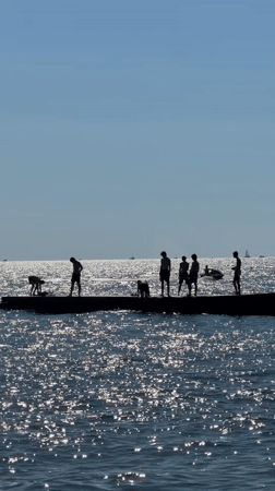 Sunny afternoon on a Sochi pier, Black Sea in full swing