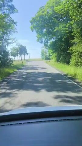 This media file captures a view from inside a vehicle traveling on a paved road through a rural, tree-lined landscape. The sun is shining brightly, indicating a clear day, likely midday given the strong shadows cast by the trees across the road. The road appears to be a two-lane country road, with one lane visible in each direction. The surrounding area is characterized by lush green grass and trees, suggesting a temperate climate during warmer months. In the distance, the road curves gently, leading towards a horizon that is a mix of open fields and more trees under a bright blue sky.

Several man-made objects are visible. A utility pole with wires stretches across the scene, indicating the presence of electricity or telecommunications infrastructure in this rural area. Small road signs are intermittently placed along the roadside, suggesting this is a public road with traffic regulations. The interior of the vehicle is partially visible in the foreground, with the dashboard and windshield framing the external view. There is no visible text in the media file.

The overall mood is peaceful and serene, evoking a sense of journey or travel through the countryside. The clear weather and sunny disposition of the day contribute to a feeling of pleasantness. While no people are directly visible, the presence of the vehicle implies human activity. The location context of Jena, Germany, suggests a European countryside setting, likely in a relatively undeveloped area outside of a major city. The scene is typical of a leisurely drive through the German countryside on a beautiful day.