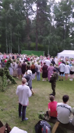 Midsummer festival at a lakeside clearing: dancing, flower crowns, pole