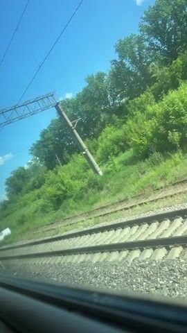 The video, shot from inside a moving train, shows train tracks and a grassy embankment with trees under a bright blue sky. The camera pans slightly, capturing a utility pole with wires above the tracks.