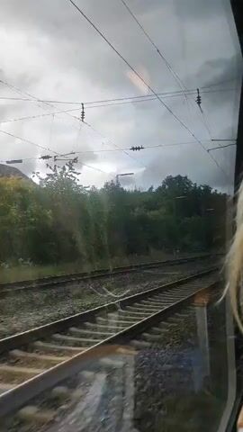 A video taken from a train window shows a view of train tracks and trees as the train moves. The sky is cloudy. There is a faint reflection of a person with blonde hair visible in the window on the right side of the frame. Overhead power lines are visible against the sky. The train tracks are in the foreground, with a second set of tracks parallel to them. The surrounding environment consists of lush green trees and vegetation. Several utility poles with lights are also visible along the tracks.