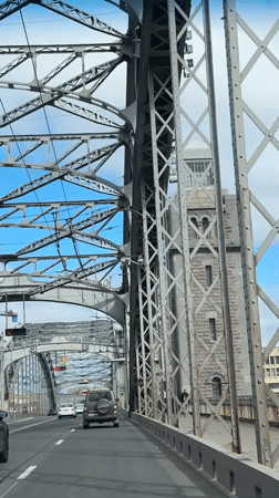 Vehicle crosses Peter the Great Bridge in Saint Petersburg