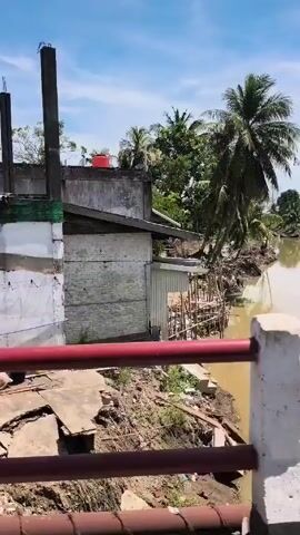 The video shows a view of a muddy river from a bridge, with palm trees and other vegetation along the banks. The river appears to be flowing slowly, and the water is a brownish color. The sky is blue with some clouds. The footage is slightly shaky, suggesting it was taken while in motion. There are some remnants of damaged structures on one side of the riverbank.