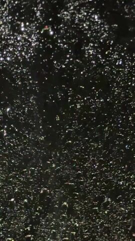 The video shows a dark surface covered in many small, shiny droplets. These droplets reflect light, creating numerous bright spots against the black background.