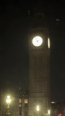 Nighttime footage captures illuminated Big Ben at 9:05 PM