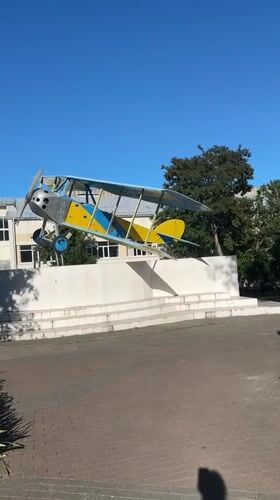 Ukrainian biplane monument and park flowers in Kyiv