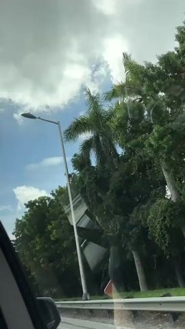 The video shows a view from inside a car, looking out the passenger side window. The car is moving along a road, indicated by the blurred scenery and the road markings visible. Lush green trees line the right side of the road, with a clear sky and fluffy white clouds visible above. A bright, possibly sunny day is depicted. Traffic signs are partially visible, including what appears to be an exit sign with an arrow pointing to the right. The overall scene suggests a drive through a semi-urban or suburban area with abundant vegetation.