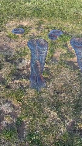 The video shows a patch of grass with several bronze-colored, patterned objects embedded in the ground. The objects appear to be sculptural elements, possibly part of an art installation. One object is shaped like legs, and several other objects are shaped like the head of an animal.  The grass is mostly green with some brown patches, indicating dry areas.  A shadow of a person and what looks like a hill appear in the background.