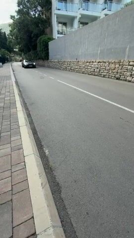 A gray Aston Martin sports car drives on a narrow paved street. The road has a single white line in the middle and a concrete curb on one side. A low stone wall is adjacent to the road. On the opposite side, a person walking a brown and white dog on a leash. The dog is on a brick sidewalk. A green fence separates the sidewalk from a treelined area. The sky is blue with scattered clouds. The Aston Martin drives away from the camera.