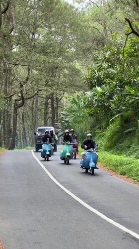 Motorcycle riders cruise tree-lined road in Kintamani, Indonesia
