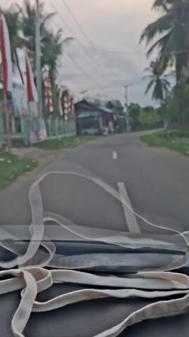 The video shows a view through a car windshield. In the foreground, a white fabric strap is draped across the dashboard. The road ahead is paved and curves to the right. On the left side of the road, there are several Indonesian flags on poles, a fence, and some buildings. On the right side, there are palm trees and vegetation. The sky is overcast. The video appears to be taken while the car is in motion.