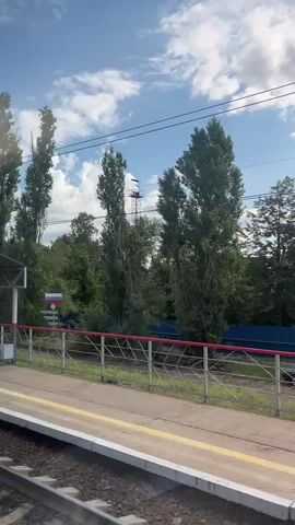 A train passes a rural railway station on a sunny day. Tall trees with lush green leaves line the track, with a blue fence visible behind them. The station platform is paved and has a yellow stripe along the edge. A white bench with a metal roof is visible on the platform. Several cars are parked near the station, and a few people can be seen walking. The sky is blue with scattered white clouds.