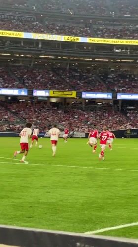 Soccer match underway at a packed Yankee Stadium
