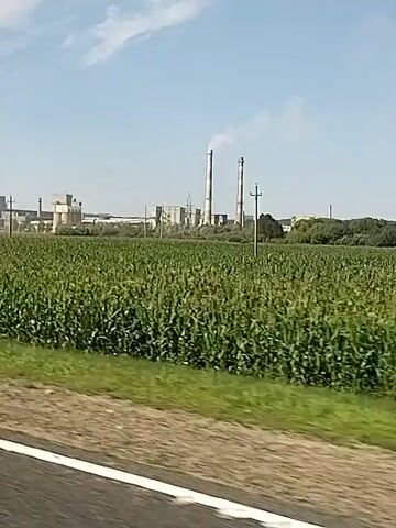 The video shows a view from a moving vehicle. In the foreground, a portion of the vehicle's silver exterior, including a wheel and part of the side, is visible on the right side of the frame. The road with a white line is also visible in the lower part of the frame. Beyond the road, a field of green crops, likely corn, stretches across the middle ground. In the background, a large industrial complex with several buildings and tall smokestacks emitting white smoke is visible under a clear blue sky with a few scattered clouds. The overall impression is of a rural or semi-industrial landscape.