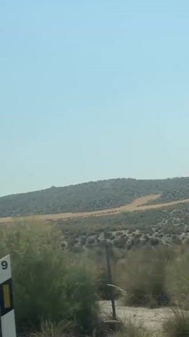 This is a first-person perspective video filmed from a moving vehicle. The scene is a dry, arid landscape with rolling hills covered in sparse, green vegetation. A dirt road or path can be seen winding across one of the hills. The sky is clear and blue. In the foreground, some dry brush and a fence post are visible.