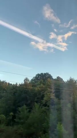 The video shows a view from inside a moving vehicle, likely a train, looking out at a landscape under a bright blue sky with scattered white clouds. A horizontal reflection of what appears to be interior lighting runs across the top of the frame. Below the sky is a dense green forest covering rolling hills. In the distance, a red-roofed house with light-colored walls is visible nestled amongst the trees. Power lines are strung across the middle ground. The camera angle is fixed, capturing the scenery as it passes by.