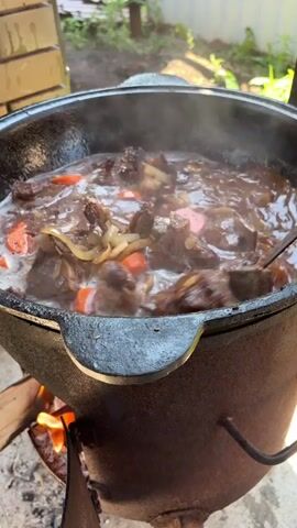 A close-up shot shows meat and vegetables simmering in a large pot over an open fire. The pot, made of dark metal, has a rustic design with two handles. The fire below produces flames and smoke, indicating the cooking process is underway. Inside the pot, chunks of dark meat are visible, along with slices of orange carrots and white onions. Steam rises from the bubbling liquid, suggesting the food is hot and actively cooking. A metal ladle with holes is used to stir the contents of the pot. The background is blurred but appears to be an outdoor setting with some greenery and a fence. The lighting suggests it is daytime.