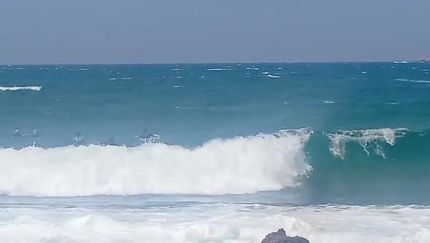 Surfers and beachgoers on a rocky Bandol coastline