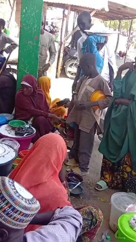 Here's a detailed description of the video:

The video shows a group of people, mostly adults and some children, gathered outdoors under a simple covered structure with support beams. The people are sitting on the ground around several large pots and bowls filled with food. Many are eating from plates of spaghetti. The individuals are dressed in a mix of casual and traditional clothing, with many of the women wearing headscarves.

One child stands near the edge of the group, holding a yellow helmet. Other individuals are milling around the group, some watching, some eating. A motorcycle is parked nearby, partly visible in the background.

The general atmosphere appears to be communal, suggesting a shared meal or gathering. The setting is simple, and the focus is on the people and the food they are sharing.
