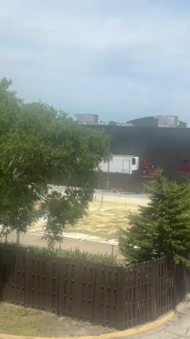 The video captures an outdoor scene during what appears to be a bright, sunny day. In the foreground, a large, empty swimming pool is visible, its bottom covered in a yellowish-brown substance, possibly dirt or dried leaves. A black hose lies in the shallow end of the pool. A wooden fence runs across the lower part of the frame, separating the viewer from the pool area. Green trees and bushes, including a prominent evergreen tree on the right, partially obscure the view.

In the middle ground, beyond the fence and pool, a white semi-trailer truck is parked, with "53 FT" visible on its side. To its right, a red semi-truck cab, with "TONY'S" written on its door, is seen backing up, accompanied by a distinct beeping sound. The truck eventually stops. Behind the trucks, several large, dark-colored buildings are visible, suggesting an industrial or commercial setting. The sky is light and clear.