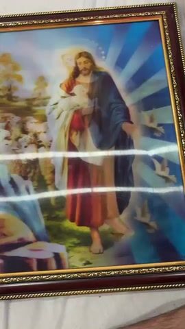 The video presents a close-up view of a framed lenticular print, which displays two distinct religious images depending on the viewing angle. The camera is held above the print, tilting it to demonstrate the effect.

One image depicts Jesus Christ as the Good Shepherd, holding a white lamb in his arms. He is shown with a halo, wearing a red robe and a white outer garment, with other sheep visible behind him in a pastoral landscape. His bare feet are also visible.

The alternative image revealed is of the Virgin Mary, with a halo of stars around her head. She is adorned in a blue mantle over a lighter-colored dress, and doves are shown flying around her, set against a radiant background with blue and white rays.

The print is housed in a dark wooden frame with an ornate, gold-colored inner border. Reflections from an unseen light source are visible on the print's surface. Part of a person's leg is visible in the bottom right corner of the frame, suggesting the print is lying on a light-colored surface such as a bed or table. There is no visible text. No specific time of day, weather, or location cues are discernible from the video's content.