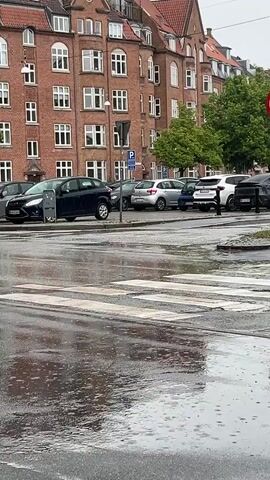 The video presents a static shot of a wet street scene in Aarhus, Denmark, on a rainy day. The ground, covered in asphalt, is visibly wet with puddles and reflections, indicating ongoing or recent rainfall. A pedestrian crossing with white stripes is prominent in the foreground.

In the mid-ground, a line of cars is parked along the street. A dark blue hatchback or SUV is most prominent on the left, with its side mirror reflecting the street. Other parked cars visible include a silver car, a white SUV, and several other vehicles in various shades of grey and black. The license plate on the dark blue car appears to be Danish, starting with "DJ".

Behind the parked cars, a blue parking sign with a white 'P' symbol is visible on a pole. Several green trees are interspersed along the street, providing natural elements against the urban backdrop.

The background is dominated by a large, multi-story brick building with a red-tiled roof. The building features numerous white-framed windows, showcasing a common architectural style found in European cities. The sky is overcast, typical of a rainy day, but it is clearly daytime.

No people are visible in the video, and there is no discernible activity other than the steady fall of rain creating ripples on the wet surfaces. The scene conveys a quiet, typical rainy day in an urban environment.
