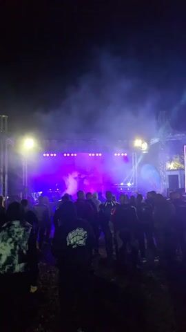 The video shows a crowd of people silhouetted against a stage bathed in purple and blue light. Smoke fills the air, enhancing the lighting effects. The stage features a large screen and several light fixtures. A person holding a phone briefly comes into focus in the foreground. The crowd appears to be watching a performance, with some people raising their hands. The overall setting suggests an outdoor concert or festival at night.