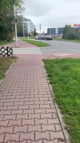 The video shows a sidewalk made of red brick pavers. The sidewalk runs alongside a road with cars driving on it. There is a crosswalk across the road. On the left side of the sidewalk, there is grass and a fence made of dark wood. A traffic light pole is also visible on the left. In the background, there are buildings and trees. The sky is cloudy.