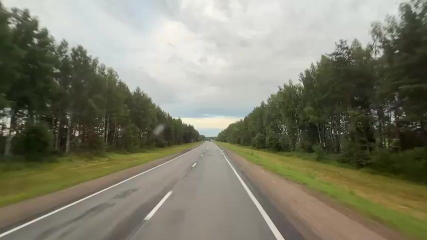 The video shows a first-person perspective of a car driving on a two-lane highway. The highway is surrounded by dense green trees on both sides, creating a tunnel-like effect. The sky is overcast with clouds. In the distance, a blue truck is visible on the highway, and several road signs are present. The road surface appears to be asphalt and shows signs of wear, with some patches and markings. The grass on the sides of the road is green and appears somewhat overgrown. The video captures the movement of the car along the road, with the scenery continuously passing by.