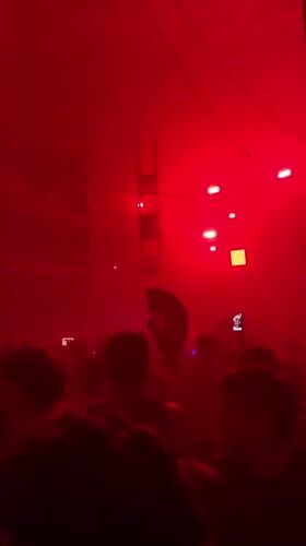 Crowd gathers in darkened venue with pulsating lights in Serbia