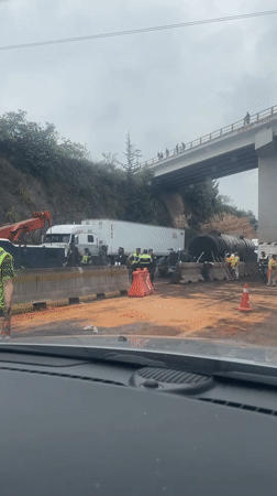 Truck stopped with overturned tank object on Mexico highway