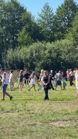 A group of people are dancing in a circle in a grassy field, with trees in the background. The sky is clear and blue. The people are of various ages and are dressed in casual clothing. Some are holding hands, while others are not. One woman in the foreground is wearing black pants and a black top, and is holding a black purse. She is standing and watching the dancers.