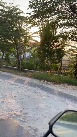 The video shows a view from the perspective of someone riding a motorcycle. The scene is outdoors, likely in a rural or semi-urban area, during what appears to be late afternoon or early evening, given the low angle of the sun. The motorcycle is moving along a paved road with a gravel shoulder on the left.

In the background, there are several trees with lush green foliage. The sun is visible, peeking through the leaves of some of the trees, casting dappled light on the road and surroundings. Beyond the trees, there are some buildings, which appear to be houses or small commercial establishments. These buildings have white walls and some have green roofs or awnings. One building in the distance has a white facade with multiple windows. Further along the road, more buildings are visible, some with visible banners hanging from them. A dark-colored van is parked in front of one of the buildings, and a motorcycle is parked to the right. The environment seems somewhat undeveloped, with vegetation growing along the roadside and in front of the buildings. The overall impression is one of a journey through a quiet, possibly tropical, setting.