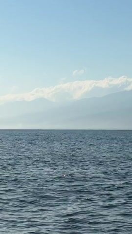 The video shows a wide shot of a calm, blue ocean under a clear sky with a few wispy clouds. In the distance, hazy mountains form a backdrop. Small white objects, possibly buoys or distant boats, are visible on the horizon. The water is slightly rippled, reflecting the sunlight. The overall impression is one of tranquility and vastness.