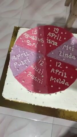 A round cake decorated with a pie chart design is on a white cake stand. Each slice of the pie chart is a different color and contains a name and a date. The cake is on a table with a tiled surface. The cake appears to be decorated for a birthday or celebration.