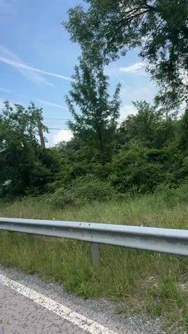 A video from a moving vehicle captures a roadside guardrail, a lush, green landscape, and a body of water in the distance. The sky is blue with scattered white clouds and visible contrails. The vehicle is moving, indicated by the passing guardrail and vegetation.