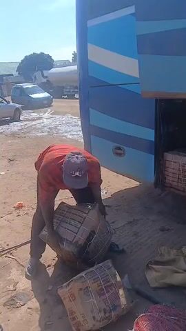 A person wearing a red shirt and a cap is loading packages onto a blue bus. They are bending over and using their hands to move a large, wrapped package. There are other packages on the ground near the bus, and a white substance is visible on the ground. In the background, there are other vehicles and buildings. The scene appears to be an outdoor area with a dirt or gravel ground.