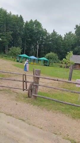 A woman in traditional clothing walks across a grassy field towards a wooden structure. She wears a blue patterned dress, a white blouse, and a pink apron. Behind her, several green and blue tents are set up, and a dense forest forms the background. A wooden fence is in the foreground, with a detached wooden wheel attached to a post. The ground is dirt and gravel. The sky is overcast.