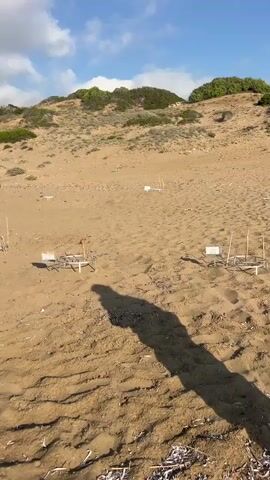 The video shows a sandy beach with sparse vegetation on a hillside in the background under a partly cloudy blue sky. The foreground is dominated by the sandy beach, with several small, white-capped structures with wooden supports scattered across it. A shadow of a person holding a phone or camera is visible in the lower right quadrant of the frame, and another person's shadow is partially visible on the left. Further back, several beach towels and a cooler are on the sand. In the distance, a group of people are visible on the beach, some sitting and some standing. The tide appears to be out, revealing a wet sand area closer to the water, which is visible in the far left of the frame. The overall impression is a sunny day at a somewhat secluded beach, possibly with ongoing scientific monitoring or a turtle nesting area, given the structures in the sand.