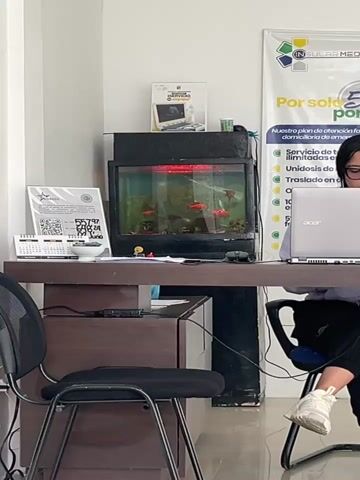 This image captures an indoor scene, likely an office or reception area in Los Robles, Venezuela. A person, visible from the chest down, sits on the right side of a dark wood desk, focused on a silver Acer laptop. The individual wears black clothing and white sneakers and has glasses.

On the desk, directly in front of the person, is a black-framed aquarium with a distinctive red light illuminating the inside. Several goldfish and other smaller fish are swimming within. To the left of the aquarium, various office items are arranged, including a white stand displaying a QR code and the numbers "55797 5984 6940" along with "Junio." A small calendar, a white bowl, and pens are also on the desk. An empty black office chair is positioned on the left side of the desk.

In the background, a large white banner with a green and blue logo is prominent. It features the text "INSULAR MED," "Por solo..." and a list of services with bullet points, including partially visible phrases like "Nuestro plan de atención fam...", "Servicio de t...", "Ilimitadas e...", "Unidosis de...", and "Traslado en o...". Another smaller poster with "BIENVENIDO" is also visible behind the aquarium. The overall lighting suggests an indoor setting during the day, with artificial light sources illuminating the space and the aquarium. No strong emotions are discernible from the partially visible person, who appears to be concentrating on their work.
