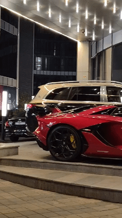 Red Lamborghini parked outside lit-up Batumi venue at night