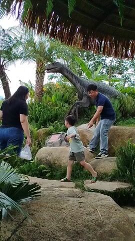 The video shows three people standing in a park-like setting with lush greenery and palm trees. In the background, a large, gray statue of a dinosaur with its mouth open stands among the plants. On the left, a person wearing a black shirt and blue jeans stands with their back to the camera, holding a white plastic bag. In the center, a young boy in a light green t-shirt and dark shorts is walking. On the right, a man in a dark blue t-shirt and blue jeans is standing on a large rock, looking at the dinosaur statue and gesturing towards it. The overall scene appears to be a family visiting a dinosaur exhibit.